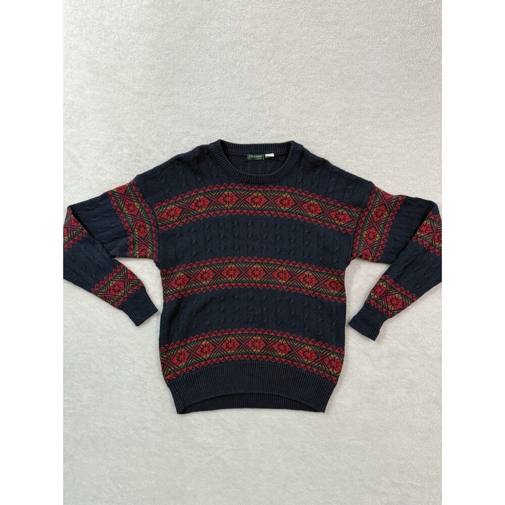 Vintage 90s Stefano Man Grandpa Knit Crewneck Sweater Large Blue Rasta Colors